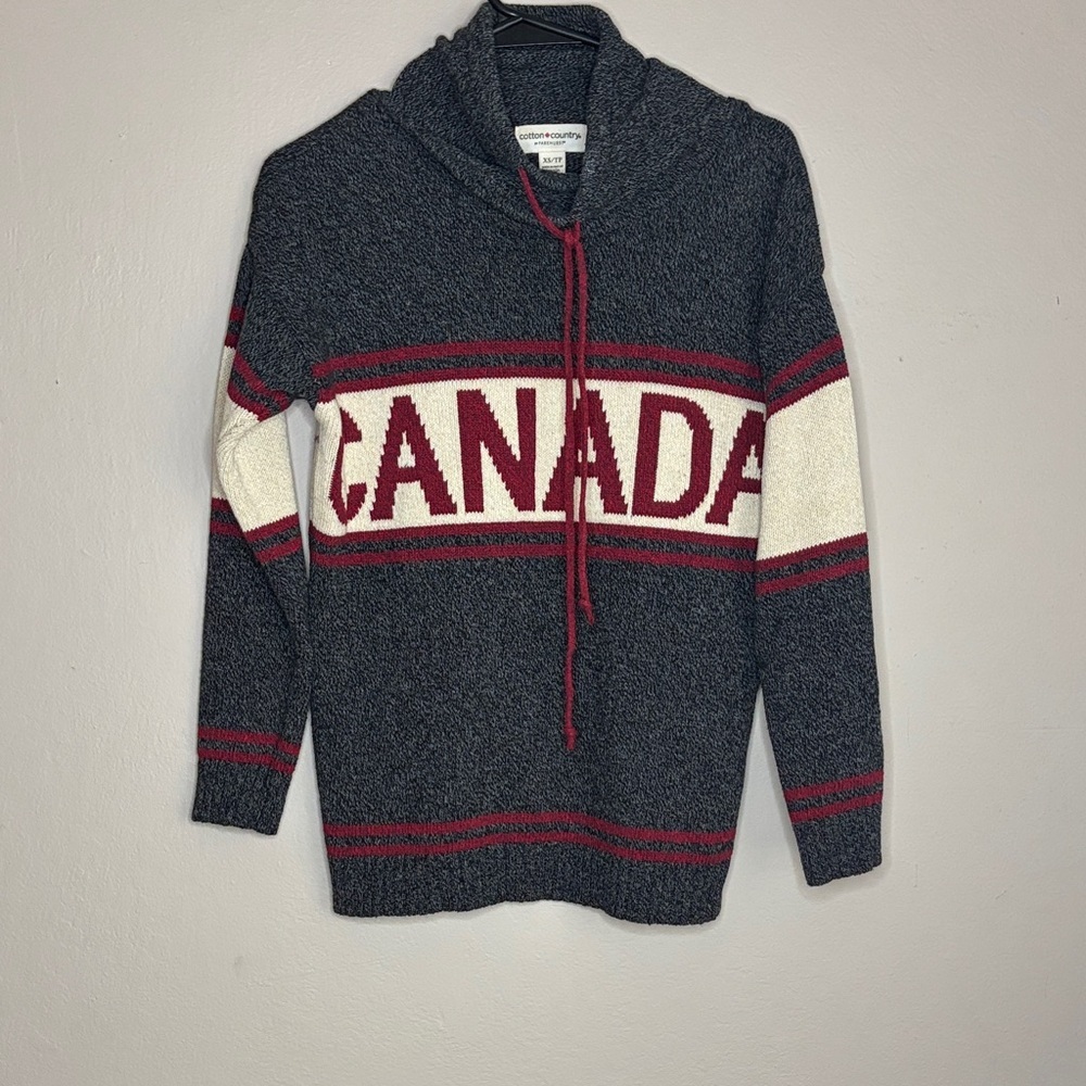 Cotton Country- By Parkhurts Canada Knit Hoodie Sweater - Gray and Red size XS